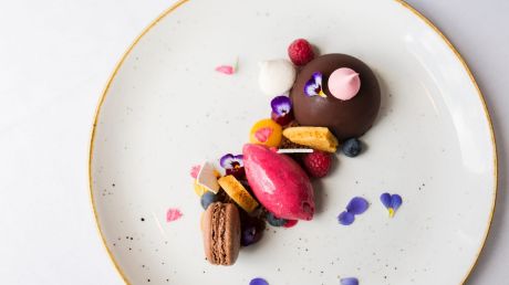 Chilled chocolate fondant with pomegranate and raspberry sorbet. 