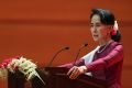 Myanmar's State Counsellor Aung San Suu Kyi delivers a televised speech to the nation on Tuesday.