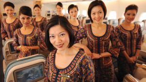 Singapore Airlines flight attendants on board an A380.