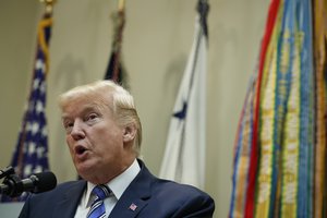 President Donald Trump speaks in the Roosevelt Room of the White House in Washington, Thursday, Aug. 3, 2017, during a Veterans Affairs Department "telehealth" event.