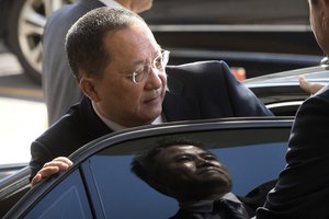 FILE - In this Sept. 19, 2017, file photo, North Korean Foreign Minister Ri Yong Ho gets into a car at Beijing Capital International Airport in Beijing. Ri in New York on Wednesday, Sept. 20, 2017