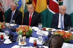 Secretary of State Rex Tillerson, President Donald Trump, and White House chief of staff John Kelly listen as Trump is introduced during a luncheon with African leaders at the Palace Hotel during the United Nations General Assembly, Wednesday, Sept. 20, 2017, in New York.