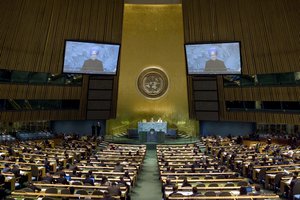 Manmohan Singh, Prime Minister of India, addresses the 63rd session of the United Nations General Assembly at UN headquarters, Friday Sept. 26, 2008.