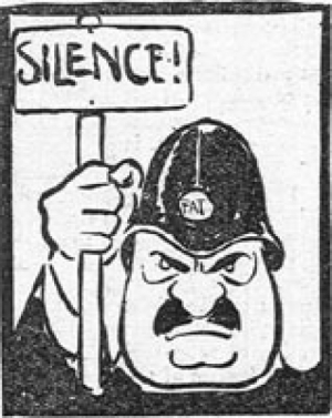 Free speech cartoon as featured in Votes for Women, 1913