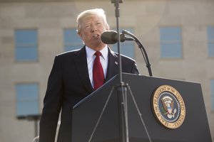 President Donald Trump pauses during the 9/11 Observance Ceremony at the Pentagon in Washington, D.C., Sept. 11, 2017. During the Sept. 11, 2001, attacks, 184 people were killed at the Pentagon. To the left is first lady Melania Trump, and to the right are Secretary of Defense Jim Mattis and Chairman of the Joint Chiefs of Staff Gen. Joseph Dunford.