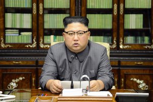 In this Thursday, Sept. 21, 2017, photo distributed on Friday, Sept. 22, 2017, by the North Korean government, North Korean leader Kim Jong Un delivers a statement in response to U.S. President Donald Trump's speech to the United Nations, in Pyongyang, North Korea.