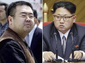 This combination of file photos shows Kim Jong Nam, left, exiled half-brother of North Korea's leader Kim Jong Un, in Narita, Japan, on May 4, 2001, and North Korean leader Kim Jong Un on May 9, 2016, in Pyongyang, North Korea.