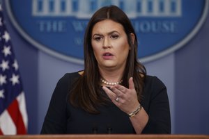 White House press secretary Sarah Huckabee Sanders speaks during the daily press briefing, Monday, Sept. 25, 2017, in Washington. (AP Photo/Evan Vucci)