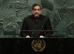 Prime Minister of Pakistan Shahid Khaqan Abbasi addresses the United Nations General Assembly Thursday, Sept. 21, 2017, at the United Nations headquarters.