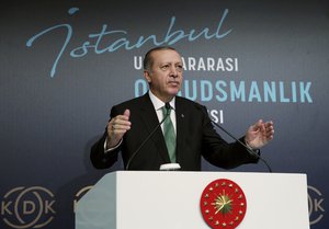 Turkish President Recep Tayyip Erdogan speaks during a meeting in Istanbul, Monday, Sept. 25, 2017.