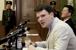 In this Feb. 29, 2016, file photo, American student Otto Warmbier speaks as he is presented to reporters in Pyongyang, North Korea. North Korea’s foreign minister defended the jailing of the American university student for alleged anti-state activities but told The AP on Saturday, April 23, 2016, he would inform authorities in Pyongyang there is great concern over the student’s fate and noted that other detainees have been released before serving their full sentences. North Korea's highest court sentenced Warmbier to prison after he confessed he tried to steal a propaganda banner as a trophy for an acquaintance who wanted to hang it in her church.