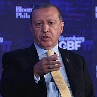 Turkish President Recep Tayyip Erdogan speaks at the Bloomberg Global Business Forum in New York City, September 20, 2017. (John Moore/Getty Images/AFP)