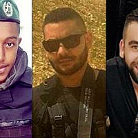 From left to right: Solomon Gavriyah, Youssef Ottman and Or Arish, three Israelis killed in a terror attack outside the settlement of Har Adar on September 26, 2017 (Courtesy)