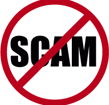 A text image of the word SCAM in black on a white background inside a red circle, with a cross bar signifiying NO