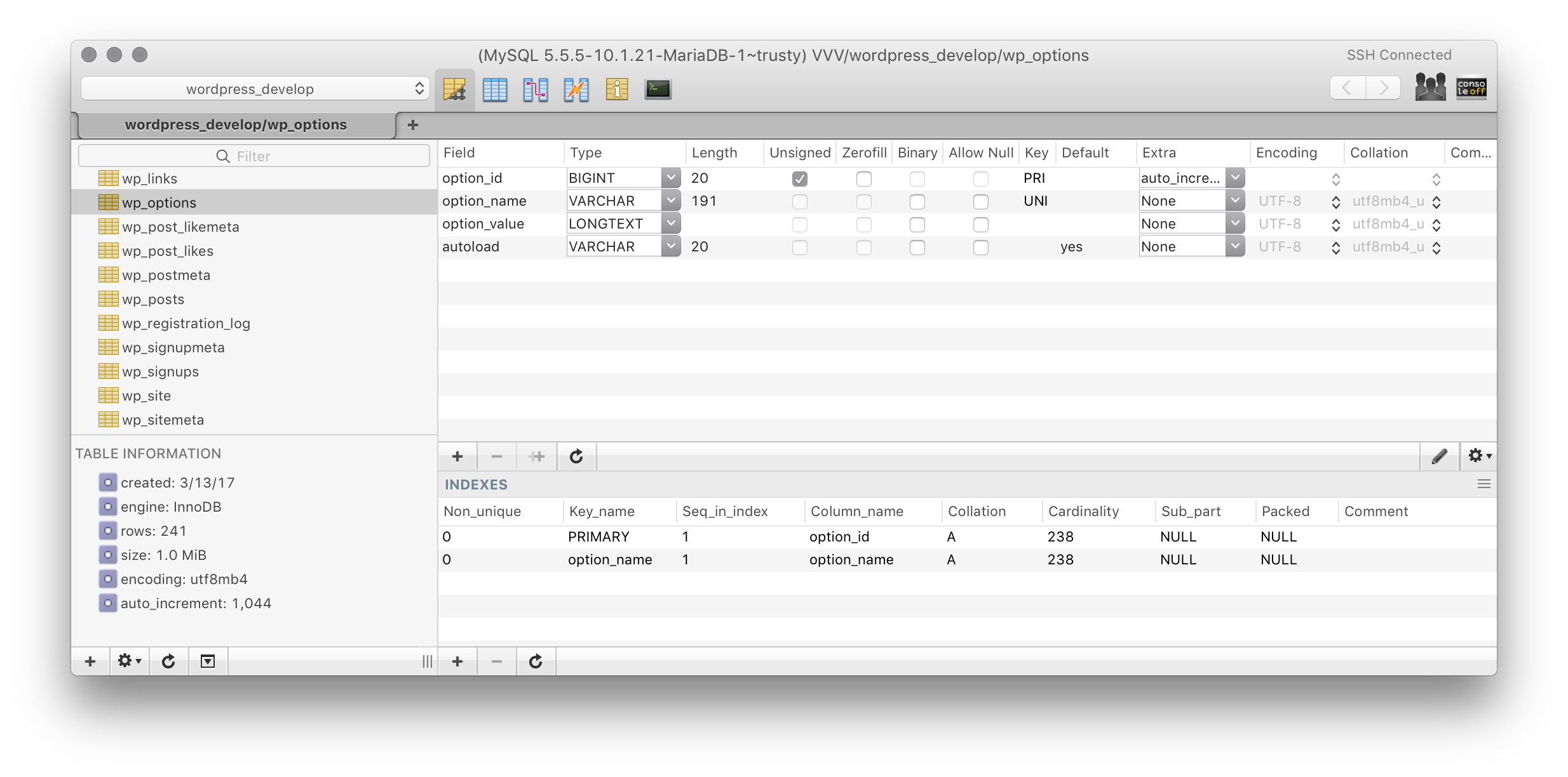 The wp_options database table schema