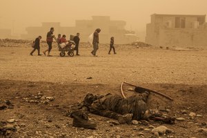 A group of civilians pass close to the body of an Islamic State militant, while fleeing from Mosul due to ISIS heavy shelling in several areas under control of the Iraqi Army, Mosul, Iraq, Friday, Dec. 2, 2016.