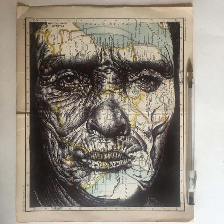 Incredible Ballpoint Pen Portraits Drawn Onto Vintage Maps, Magazine Covers and Envelopes