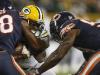 Green Bay Packers' Davante Adams is hit by Chicago Bears' Adrian Amos and Danny Trevathan during the second half of an NFL football game Thursday, Sept. 28, 2017, in Green Bay, Wis. The Bears were penalized on the play and Adams was taken off the field on a stretcher. (AP Photo/Matt Ludtke)