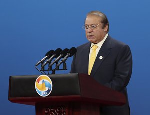 Pakistani Prime Minister Nawaz Sharif speaks during the Belt and Road Forum for International Cooperation in Beijing, Sunday, May 14, 2017.