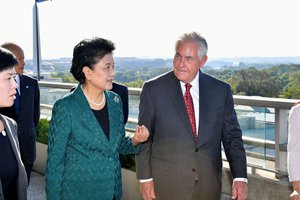 U.S. Secretary of State Rex Tillerson and Chinese Vice Premier Liu Yandong chat on the 8th floor terrace, before a working breakfast for Chinese Vice Premier Liu Yandong for the U.S. - China Social & Cultural Dialogue at the U.S. Department of State in Washington, D.C. on September 28, 2017