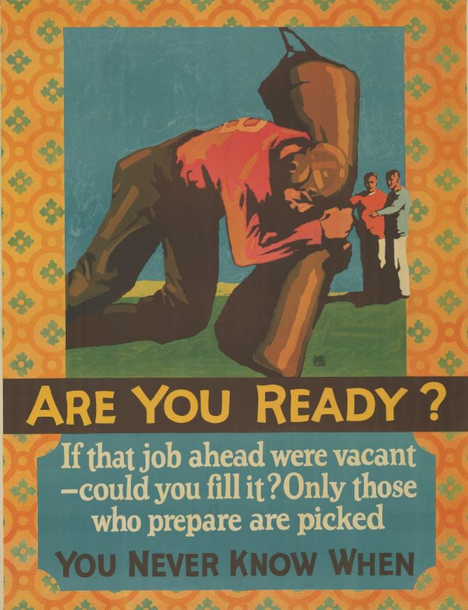 A colorful 20th century motivational poster asks workers if they’re ready for promotion