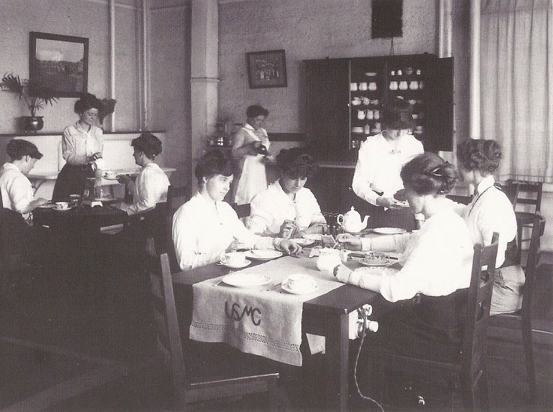 Women having tea in their workplace lunchroom in 1915