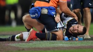 Grand final nightmare: Shaun Fensom suffered two breaks to his leg.