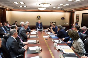 President Donald J. Trump receives a briefing on Hurricane Maria relief and recovery efforts, September 26, 2017