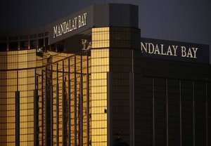 Windows are broken at the Mandalay Bay resort and casino, Tuesday, Oct. 3, 2017, in Las Vegas.