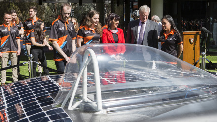 At the unveiling of the Sol Invictus car, on Tuesday. Photo: Stuart Hay, ANU.