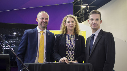 Chief Minister Andrew Barr MLA, AITC Director Professor Anna Moore and UNSW Rector Professor Michael Frater at the signing of the MOU between ANU and UNSW