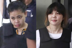 In this combination of photos, Indonesian Siti Aisyah, left, and Vietnamese Doan Thi Huong, right, are escorted by police as they leave their court hearing at Shah Alam court house in Shah Alam, outside Kuala Lumpur, Malaysia, Monday, Oct. 2, 2017.