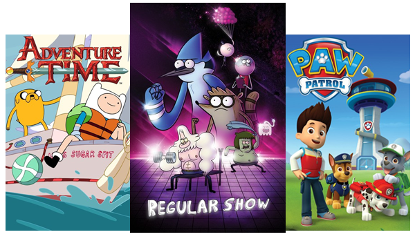 TV shows and movies for kids like Adventure Time, Regular Show, and Paw Patrol