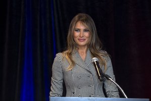 First Lady Melania Trump reacts to applause during her speech to US team families and competitors in the 2017 Invictus Games in Toronto, Canada Sept. 23, 2017.