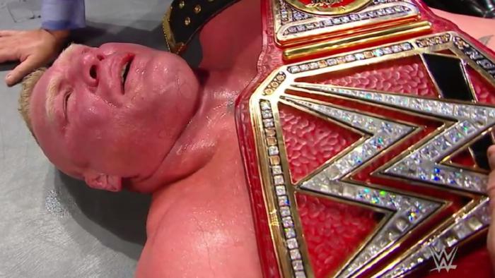 Brock Lesnar reacts after retaining the WWE Universal Championship.