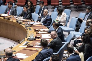 Tekeda Alemu (center on dais), Permanent Representative of the Federal Democratic Republic of Ethiopia to the UN and President of the Security Council for September, chairs the Council's meeting on the situation in the Lake Chad Basin region of Africa