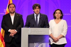 President of the Generalitat of Catalonia Carles Puigdemont addresses an institutional statement after La Rambla attack