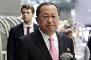 In this Sept. 25, 2017 file photo, North Korea's Foreign Minister Ri Yong Ho speaks outside the U.N. Plaza Hotel, in New York