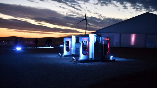 A Tesla car charging station at the wind and solar battery plant outside of Jamestown, South Australia.