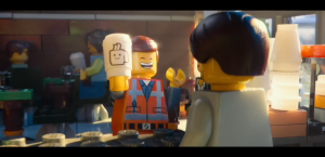 Emmet is thrilled to purchase overpriced coffee. An example of the film's attack on consumerism