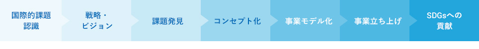 国際的課題認識 → 戦略・ビジョン → 課題発見 → コンセプト化 → 事業モデル化 → 事業立ち上げ → SDGsへの貢献
