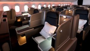 The Qantas 787 Dreamliner business class cabin.