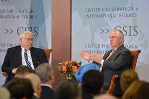 U.S. Secretary of State Rex Tillerson participates in question-and-answer with CEO for the Center for Strategic and International Studies (CSIS) John J. Hamre at Center for Strategic and International Studies headquarters in Washington, D.C. on October 18, 2017.