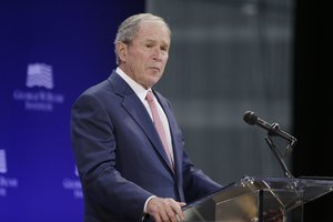 Former U.S. President George W. Bush speaks at a forum sponsored by the George W. Bush Institute in New York, Thursday, Oct. 19, 2017.