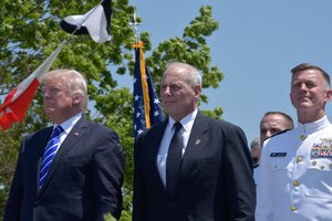 U.S President Donald Trump  and Secretary of Homeland Security John Kelly during the 136th U.S. Coast Guard Academy Commencement in New London, Connecticut