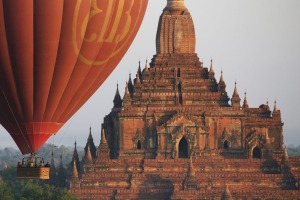 Hot air balloons fly over Bagan.