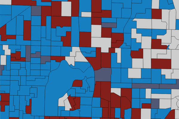 A close-up of how some precincts voted in Seattle. Red is for Oliver. Blue is for Moon. Darker blue means a tie.  Gray: Less than 20 percent for either. The entire map can be viewed below.