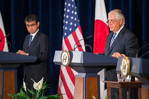 U.S. Secretary of State Rex Tillerson delivers remarks at a joint press availability with U.S. Secretary of Defense James Mattis, Japanese Foreign Minister Taro Kono, and Defense Minister Itsunori Onodera at the U.S. Department of State in Washington, D.C. on August 17, 2017.