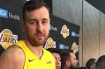 Andrew Bogut made his first appearance in the LA Lakers' iconic purple and gold singlet  at the team's media day.