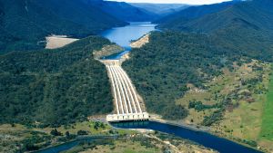 Dam and water storage for the hydro scheme in the Snowy Mountains.